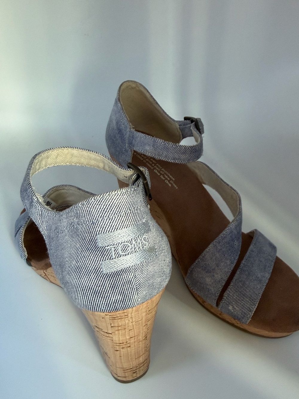 TOMS Light Blue Denim Cork Wedge Sandals with Ankle Strap